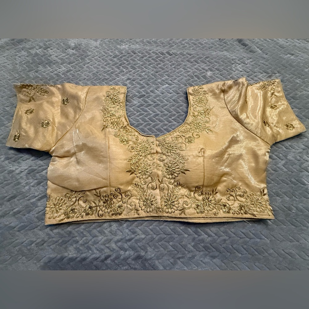 Golden Indian crop top blouse saree, sari, chaniya choli